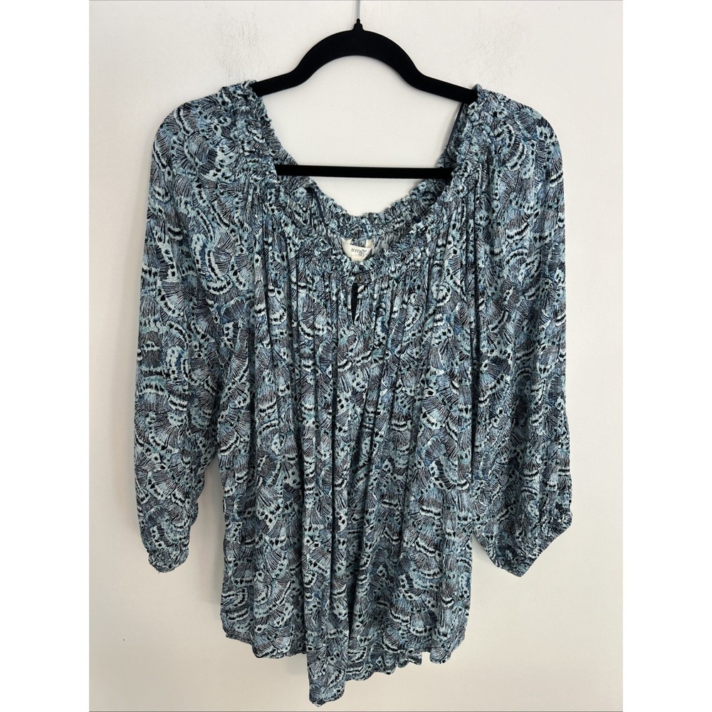 Terra & Skye 1X Smoked Peasant Top Blue Black Boho Flowy Pullover Blouse